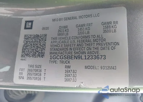 2020 Chevrolet Colorado 2Wd Short Box Wt from USA, damaged, VIN 1GCGSBEN9L1233673